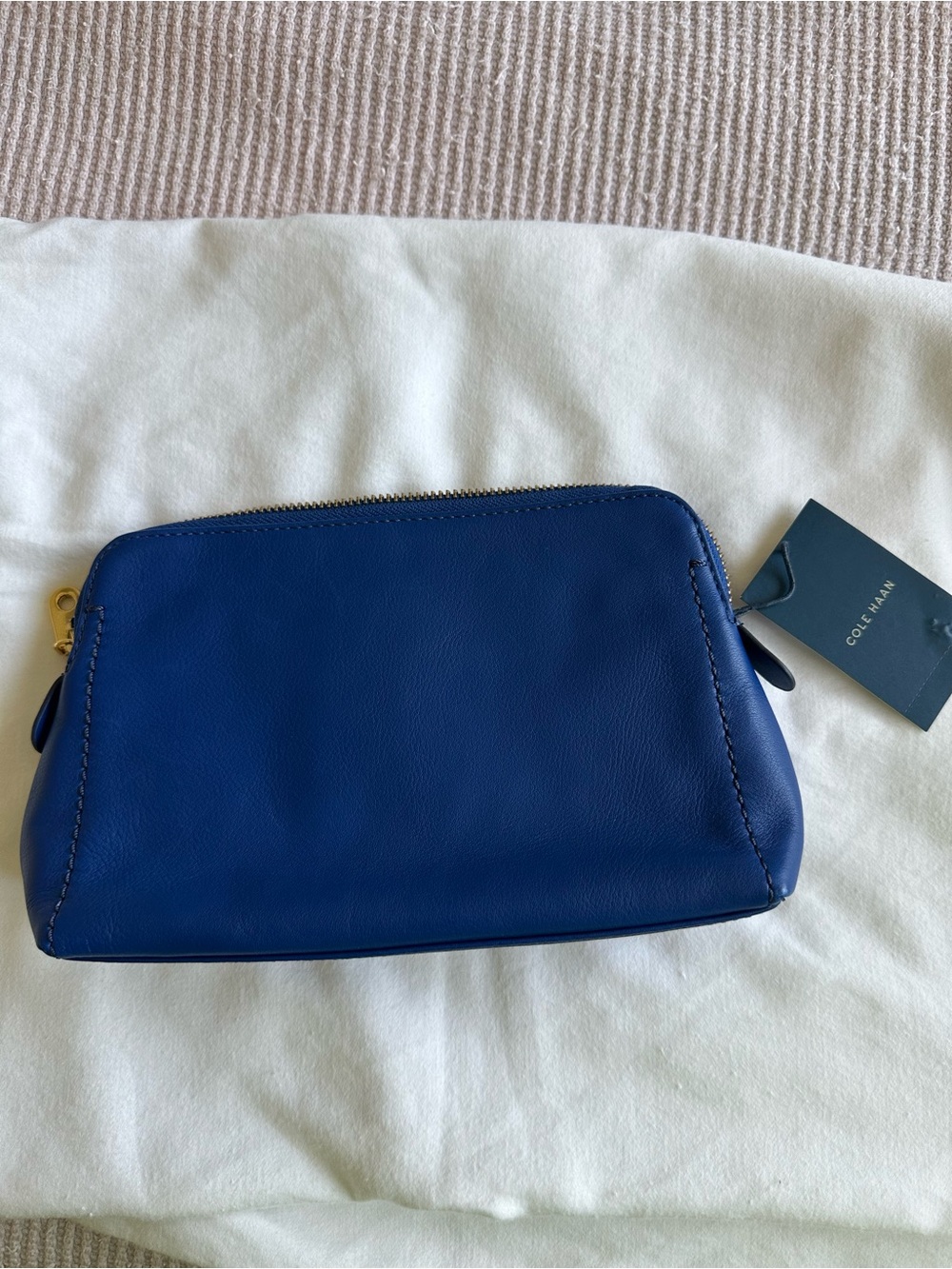 Cole Hann Blue Leather Women's Zip Clutch with Gold Button - Picture 2 of 4